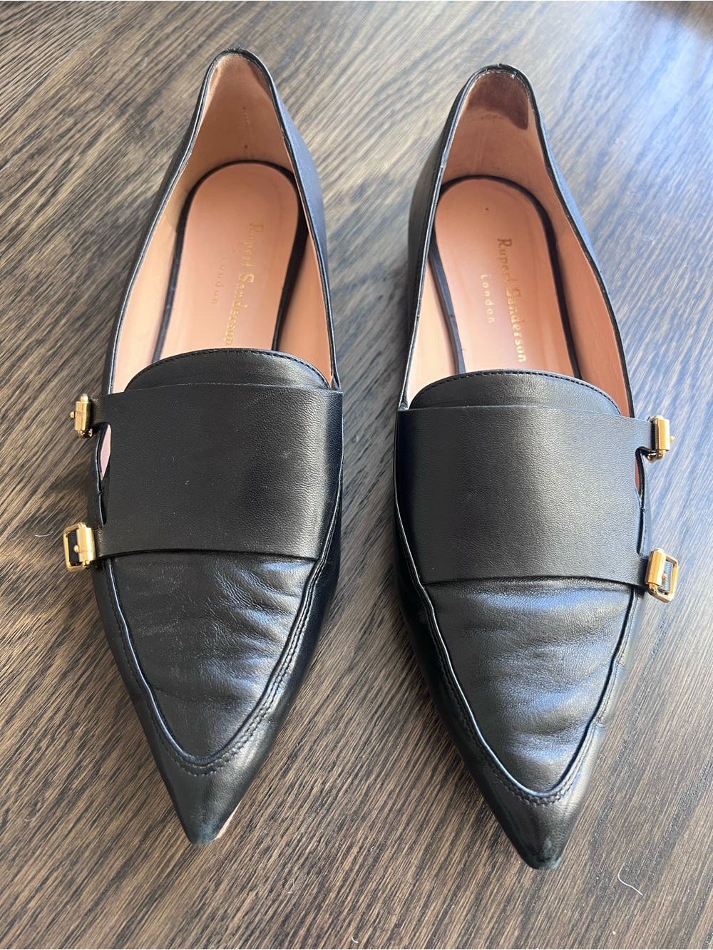 Rupert Sanderson Black Leather Pointed Toe Double Buckle Flats